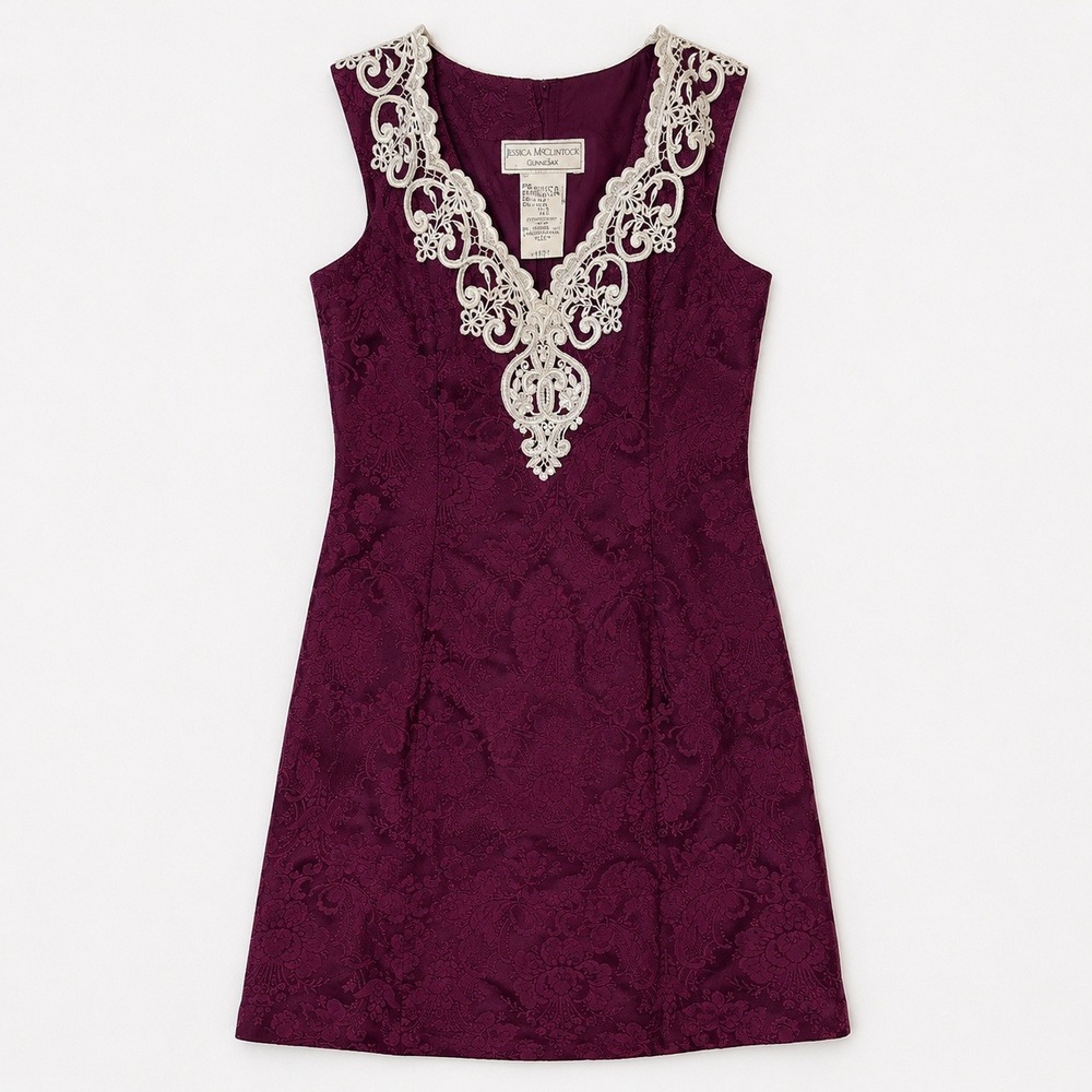 Jessica McClintock Gunne Sax vtg Plum Damask Lace Pearl Mini Dress Coquette XS